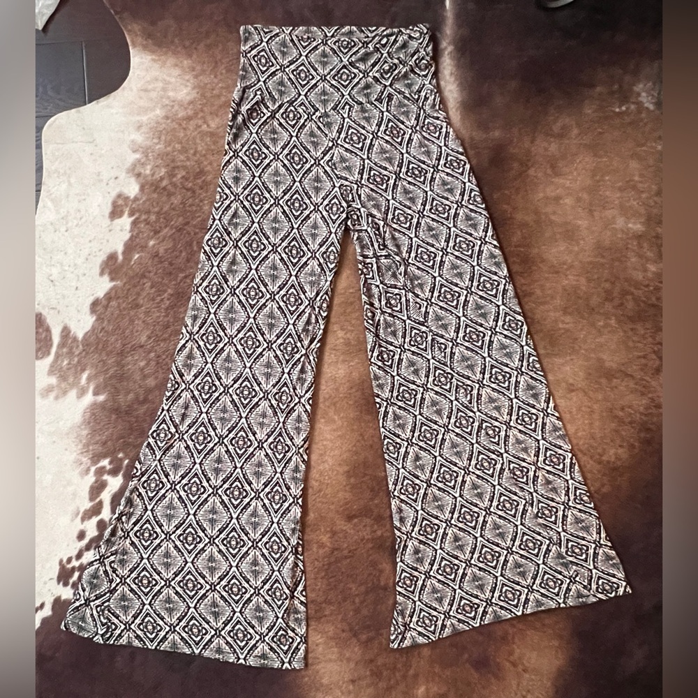 Living Doll Black and White Geometric Wide-Leg Pants with Soft Pink Accents